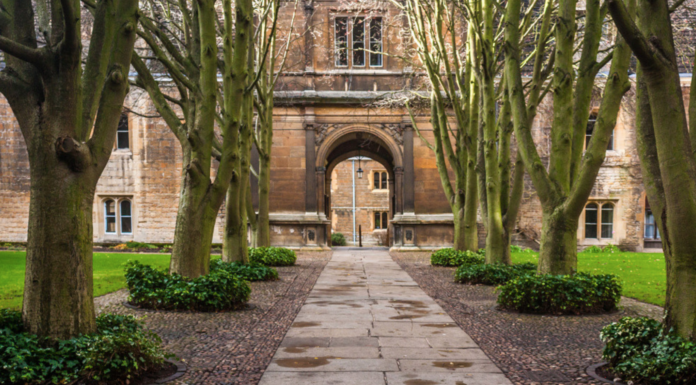 large brick building college campus entrance door