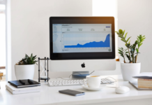 apple desk computer sitting on desk with analytics information on monitor